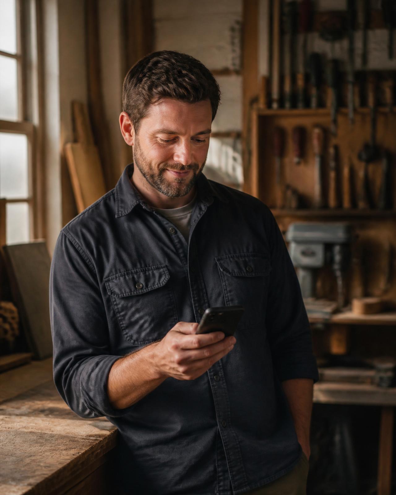 Small business owner reviewing ERIK on his phone in his workshop